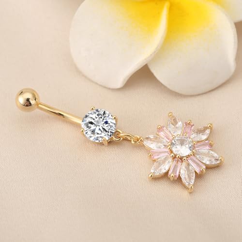 14G Dainty Rhinestone Flower Dangle Navel Ring for Women Fashion Statement Snowflake Crystal Drop Belly Button Rings Sparkly CZ Barbell Stud Sexy Body Piercing Jewelry - color: Gold