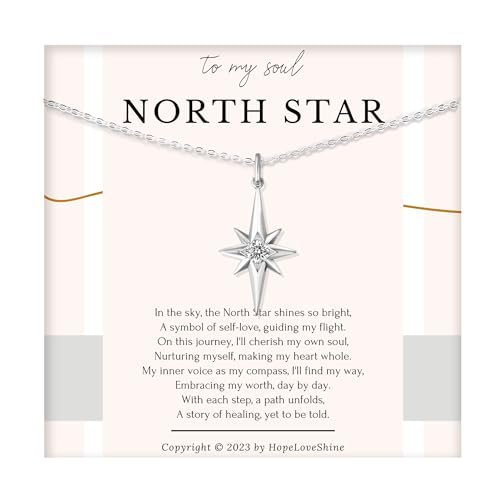 HOPE LOVE SHINE Women's New Beginnings Necklace - 14k Gold Plated Sterling Silver, Healing & Recovery Gift, Adjustable 16+2" Chain - color: STERLING SILVER, style: f. NORTH STAR