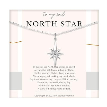 HOPE LOVE SHINE Women's New Beginnings Necklace - 14k Gold Plated Sterling Silver, Healing & Recovery Gift, Adjustable 16+2" Chain - color: STERLING SILVER, style: f. NORTH STAR