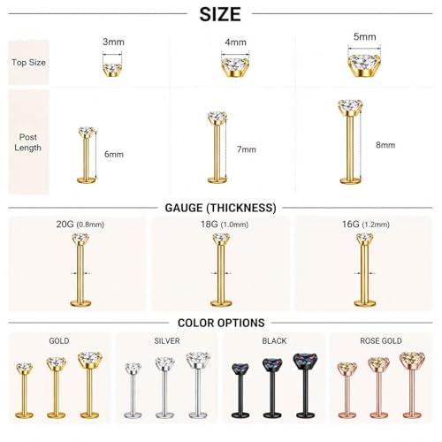 Uni-J Flat Back Stud Earrings for Women Hypoallergenic Surgical Stainless Steel Internal Thread Tragus Helix Cartilage Conch Nose Monroe Labret Medusa Piercing Jewelry /Be Equipped With Piercing Ball Grabber Tool(18G/20G - Gold/Silver/Black/Rose Gold) - c