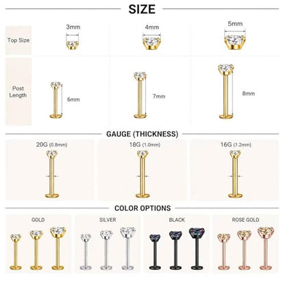 Uni-J Flat Back Stud Earrings for Women Hypoallergenic Surgical Stainless Steel Internal Thread Tragus Helix Cartilage Conch Nose Monroe Labret Medusa Piercing Jewelry /Be Equipped With Piercing Ball Grabber Tool(18G/20G - Gold/Silver/Black/Rose Gold) - c