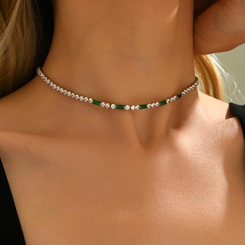 Tennis Necklaces for Women 18K Gold Plated White Red Green Blue Cubic Zirconia Necklaces Dainty Rhinestone Choker Necklaces Trendy Faux Diamond Tennis Chain 3mm - color: Green Tennis Choker-Gold