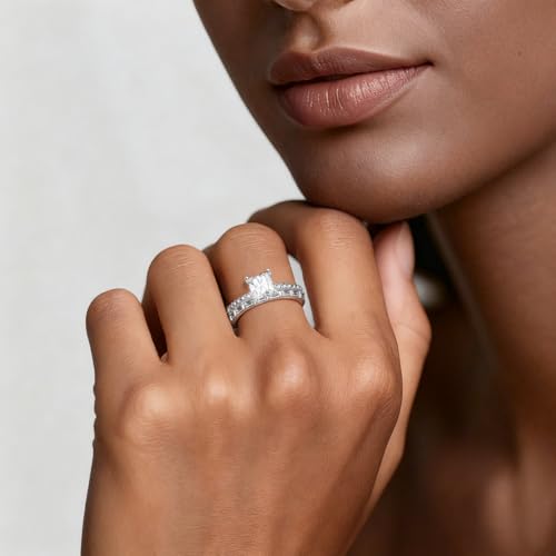 KUNSIR 925 Sterling Silver Rings Classic Cubic Zirconia Eternity Promise Statement Anniversary Wedding Bands Engagement Rings for Women Infinity Forever Love Ring Size 7-9 - style: Princess Square Ring