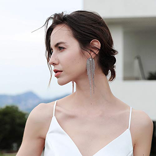 Silver Rhinestone Crystal Bridal Chandelier Long Tassels Dangle Earrings for Wedding - color: C-3