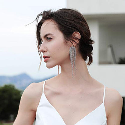 Silver Rhinestone Crystal Bridal Chandelier Long Tassels Dangle Earrings for Wedding - color: C-3