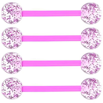 Sequin Barbell Piercing Set for Men Women 14 G Acrylic Tongue Ring Jewellery Long Cute Nipple Piercings Bars Kit Hypoallergenic Flexible Stud 4 pcs Body Jewelry Size 16 MM - color: Purple