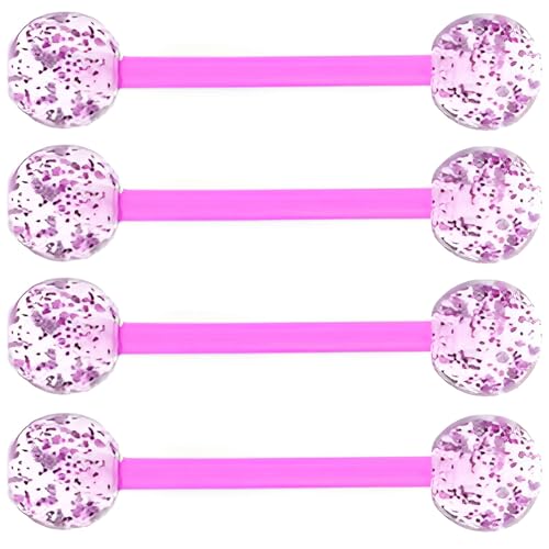 Sequin Barbell Piercing Set for Men Women 14 G Acrylic Tongue Ring Jewellery Long Cute Nipple Piercings Bars Kit Hypoallergenic Flexible Stud 4 pcs Body Jewelry Size 16 MM - color: Purple