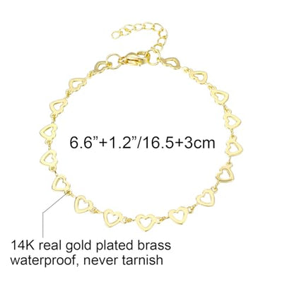 14K White Gold Plated Link Bracelet for Women Heart Star Round Beaded Charms Dainty Chain Simple Jewelry Gifts - color: hollow heart-gold