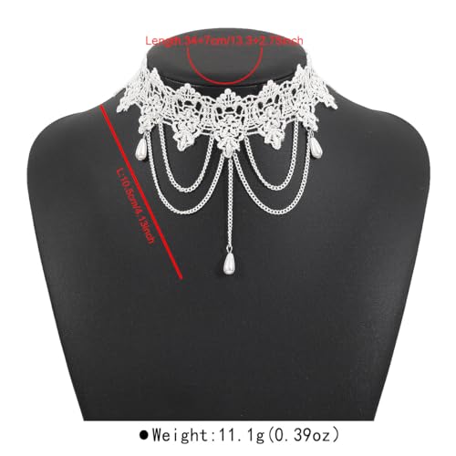 Lace Choker Necklace for Women Gothic Pearl Pendant Necklace Halloween Cosplay Jewelry - color: White Drop