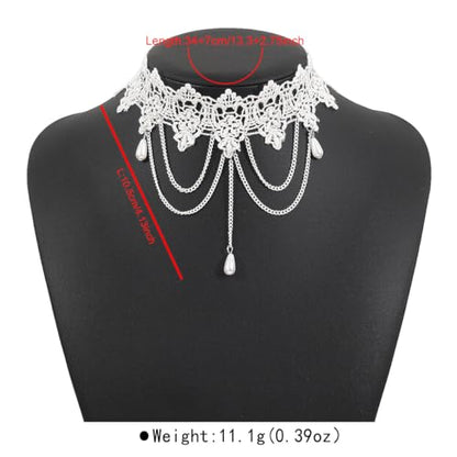 Lace Choker Necklace for Women Gothic Pearl Pendant Necklace Halloween Cosplay Jewelry - color: White Drop