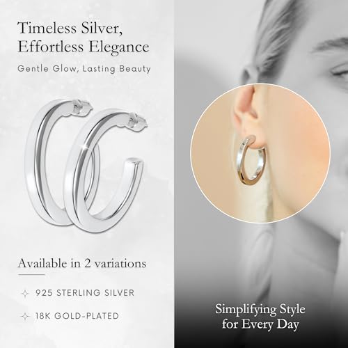 18K Gold Plated Sterling Silver Earrings for Women – Pure & Polished, Twist, Square, Hinged Tube, Abstract & Heart Shape Hoops – Lightweight, Hypoallergenic, Non-Tarnish Jewelry (Sizes: 3x35mm-46x30mm) - color: Silver, size: Square Tubing Hoop (4x40mm)