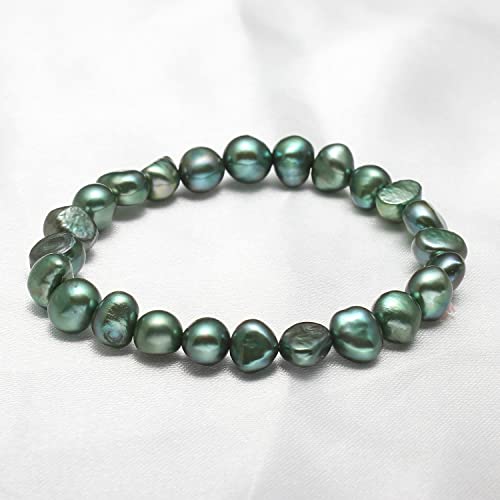 Handmade Women's Pearl Bracelet | Stretchy Beaded 7-8mm Baroque Pearl Bracelet for Ladies and Girls - Pink, Black, White, Grey, Multicolor - color: Green