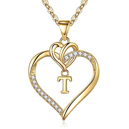 STORUP Heart Initial Necklaces for Women Girls, Initial A-Z Heart Necklace | 14K-Gold-Plated, Initial Heart Necklaces for Teen Girl Jewelry, Anniversary Birthday Gifts for Girls Women Her Wife Mom - color: Gold, style: T