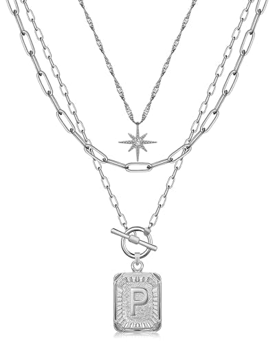 MJartoria Layered Initial Necklaces for Women | 14K Gold Plated Brass, Star Choker, Square Letter Pendant, Paperclip Chain - color: Silver, style: P