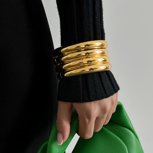 Chunky Gold Bangle Bracelets for Women Stack Wide Wrist Bracelets Gold Stackable Bracelets Jewelry - style: gold 4