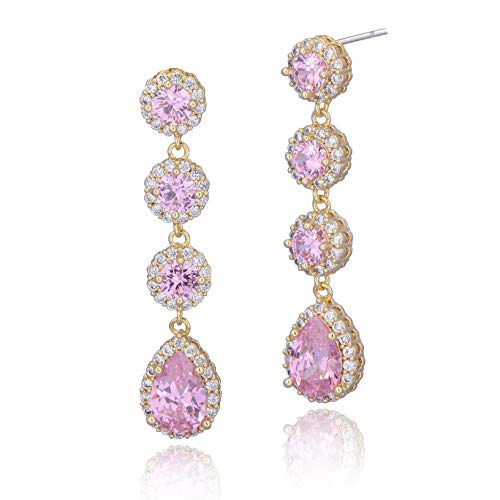 Women's Cubic Zirconia Bridal Earrings - Elegant Long Wedding Party Prom Earring for Bride Bridesmaids Crystal CZ Rhinestone Chandelier Statement Dangle Drop Earrings for girls - color: Pink-gold