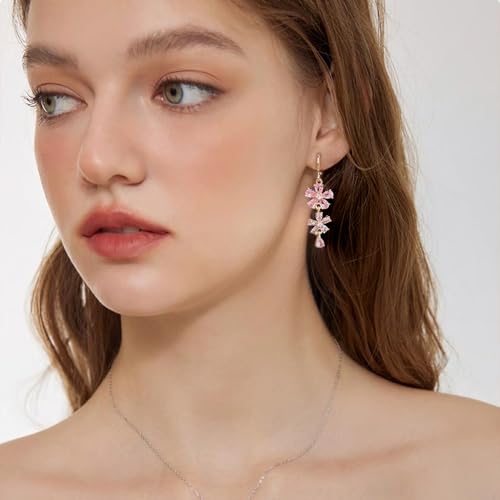 Cute Pink CZ Flower Dangle Drop Hoop Earrings for Women Dainty Elegant Gold Plated Crystal Floral Teardrop Tassel Statement Dangling Hypoallergenic Lightweight Fashion Trendy Jewelry for Her Bff