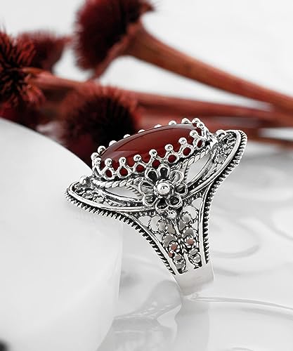 Filigranist 925 Sterling Silver Handcrafted Filigree Art Flower Pattern Woman Oval Statement Ring, Gift Boxed - color: Carnelian