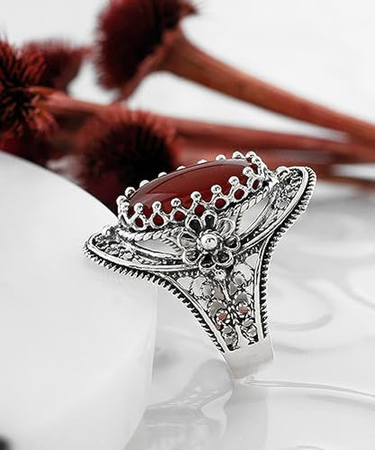 Filigranist 925 Sterling Silver Handcrafted Filigree Art Flower Pattern Woman Oval Statement Ring, Gift Boxed - color: Carnelian