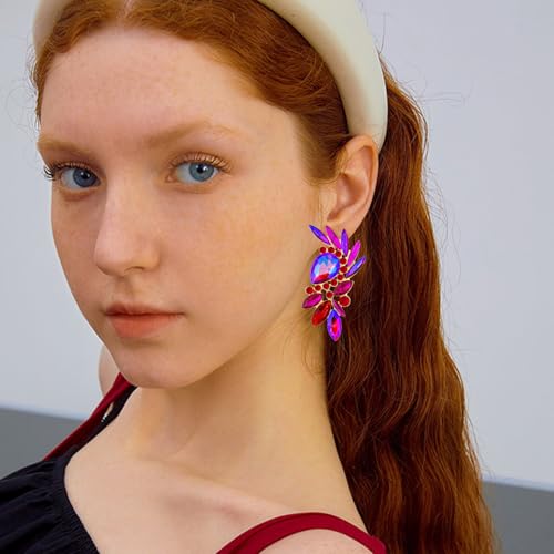 Bohemian Dainty Sparkly Crystal Teardrop Flower Dangle Drop Earrings Unique Lightweight Glitter Rhinestone Geometry Floral Stud Earrings For Women - style: Rose Red