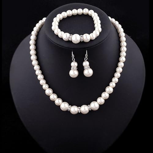 Pearl Jewelry Set, 4 PCS Jewelry Necklaces Hoop Earring Bracelet | Ladies' wedding set, made of hand selected shell pearls, sturdy, durable, will not fade, birthday gift, Valentine's Day gift