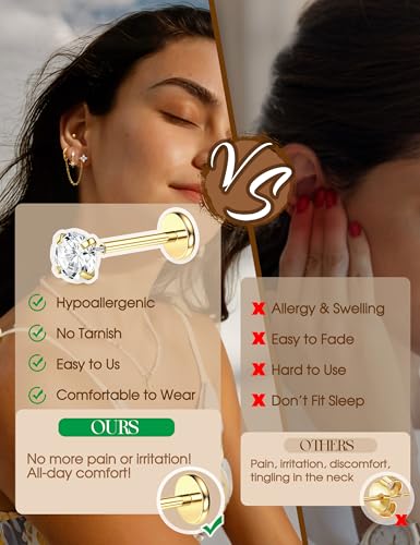 ORAZIO 16G/18G/20G Threadless Flat Back Earrings Push in Nose Rings Studs | 316L Surgical Steel Cartilage Earring Stacks Flatback Hypoallergenic Tragus Helix Conch Labret Medusa Piercing Jewelry - color: Style1-Gold, size: 20G=0.8mm