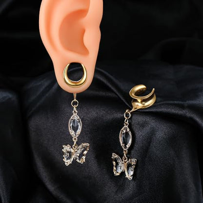 1 Pair Saddle Gauges Earring with Green Crystal Stone Ear Dangle Plugs Tunnels 00G 6mm-25mm (0G-1") Body Piercing Jewelry - color: Gold-1613, size: 16 mm