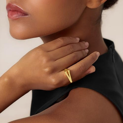Cicy Bell Initial Rings for Women 18k Gold Plated Adjustable Rings | Open Signet Rings, Bold Letter, Personalized Engraved, For Party - color: Initial-V