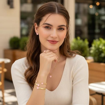 Clover Jewelry Set for Women Non Tarnish Gold-Tone Five Leaf Clover Necklace, Earrings, Ring, Bracelet Fashion Simple Floral Jewelry Set - color: Pink