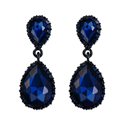 EVER FAITH Women's Austrian Crystal Wedding Tear Drop Dangle Earrings | Bridal Prom Jewelry for Bride Bridesmaid - color: Sapphire Blue Black-Tone