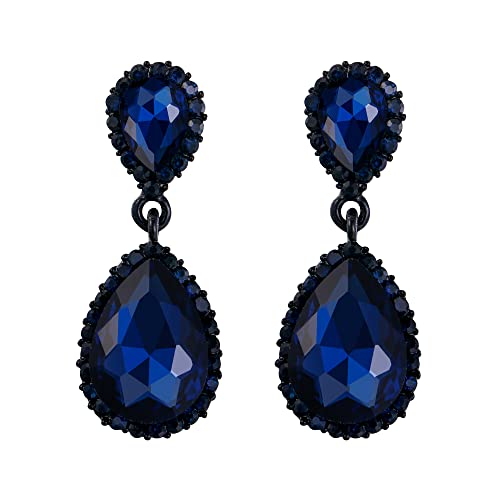 EVER FAITH Women's Austrian Crystal Wedding Tear Drop Dangle Earrings | Bridal Prom Jewelry for Bride Bridesmaid - color: Sapphire Blue Black-Tone