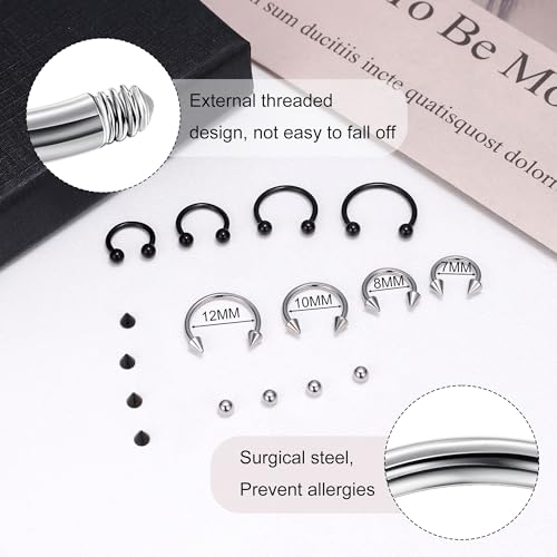 8Pcs 14G 16G 18G 20G Horseshoe Septum Nose Ring Helix Cartilage Earrings Hoops Hypoallergenic Tragus Daith Eyebrow Lip Ring Smily Piercing Jewelry Replacement Ball Spikes 7-12MM - color: Silver + Black, size: 18G