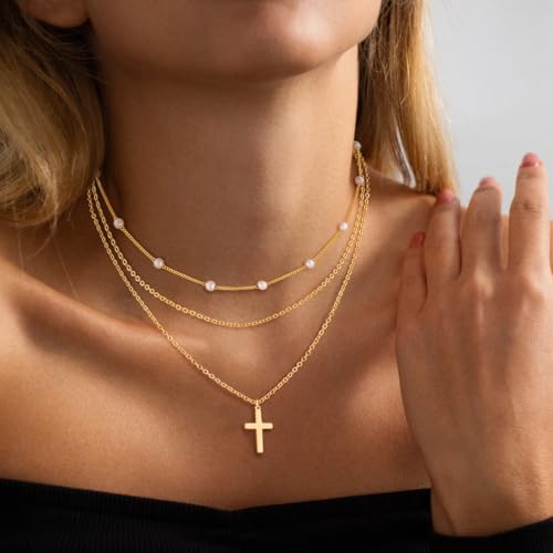 ASCOMY Layered Necklaces for Women Dainty Gold Necklace 14K Gold Plated Herringbone Necklace for Women Pearl Cross Necklace Paperclip Cuban Figaro Rope Satellite Chain Gold Choker Trendy Jewelry Gift - style: 3Layered O Chain Pearl Cross-GD