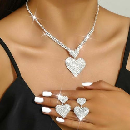 Crystal Heart Bridal Wedding Jewelry Set Silver Rhinestone Necklace Earrings Bracelet Sets Formal Costume Jewelry for Women and Brides - color: Silver Necklace Earrings