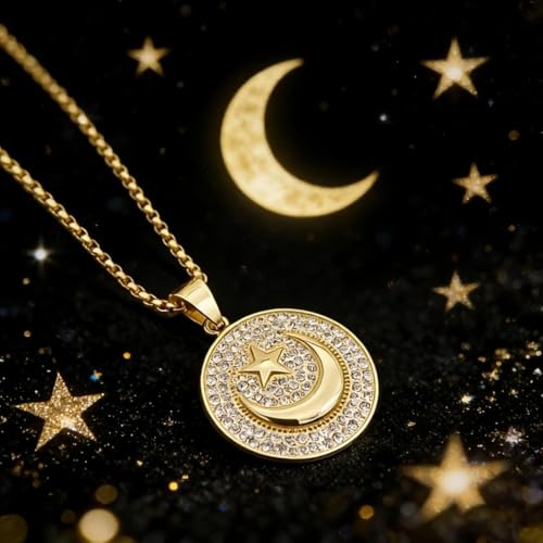 Star and Moon Circle Pendant Necklace for Men and Women, Retro Circle Charm Jewelry, Fashion Jewelry, Daily Wear, Birthday Gifts