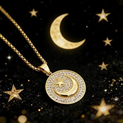 Star and Moon Circle Pendant Necklace for Men and Women, Retro Circle Charm Jewelry, Fashion Jewelry, Daily Wear, Birthday Gifts