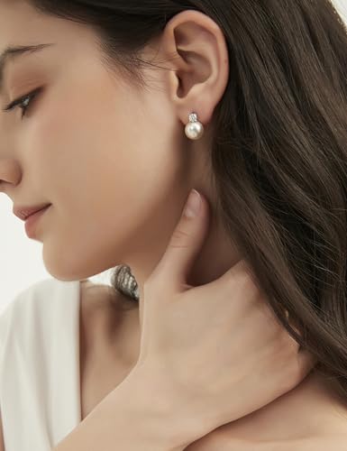 Pearl Earrings for Women 925 Sterling Silver 10MM CZ Pearl Stud | Cubic Zirconia, Dainty Simulated White Pearl Stud Drop Earring, Engagement Wedding Bridal, Hypoallergenic - size: 10MM