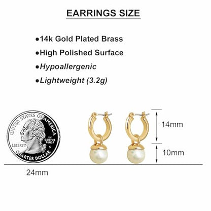 Small Chunky Gold Hoop Earrings For Women, 14k Gold Thick statement huggie hoop earrings Trendy Hoop Earrings Set Hypoallergenic Fashion Earrings - color: Pearl drop