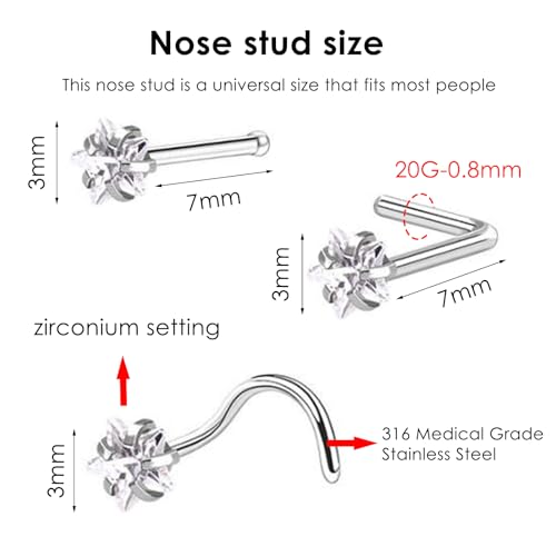 316L surgical steel hypoallergenic nose ring nail cubic zirconia nose ring screw L-shaped nose puncture body jewelry straight nose nail (9 pcs) 3 styles 3 shapes (Silver (straight rod 3、 L rod 3 、spiral screw 3))