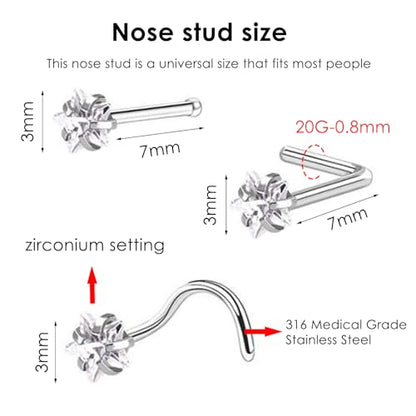 316L surgical steel hypoallergenic nose ring nail cubic zirconia nose ring screw L-shaped nose puncture body jewelry straight nose nail (9 pcs) 3 styles 3 shapes (Silver (straight rod 3、 L rod 3 、spiral screw 3))