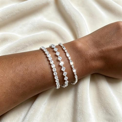3Pcs Women Stackable 14K Gold Plated Tennis Bracelet with Colorful CZ | Dainty Classic Everyday Jewelry 14K Gold Plated Colorful Cubic Zirconia Tennis Bracelet Created Diamond for Wedding 7 inches - color: silver white
