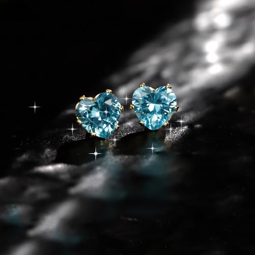 8mm Heart-Cut Birthstone Stud Earrings for Women – 18K Gold Plated Hypoallergenic Cubic Zirconia Earrings, Nickel Free, 12 Months Colors, Everyday Jewelry, Gift for Her, Bridal, Birthday, Christmas - color: 03 Mar Aquamarine