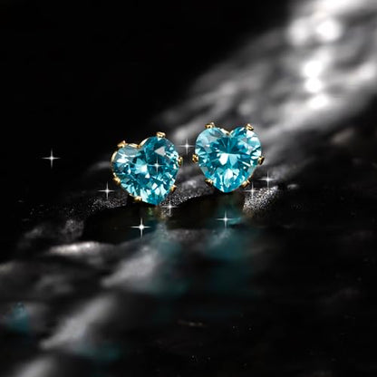 8mm Heart-Cut Birthstone Stud Earrings for Women – 18K Gold Plated Hypoallergenic Cubic Zirconia Earrings, Nickel Free, 12 Months Colors, Everyday Jewelry, Gift for Her, Bridal, Birthday, Christmas - color: 03 Mar Aquamarine