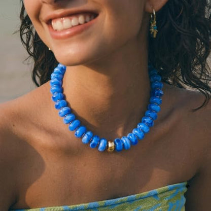 Chunky Beaded Necklace for Women Boho Statement Bead Necklace Adjustable Choker with Polished Disc/Square Beads Trendy Summer Beach Jewelry Gifts - color: Blue