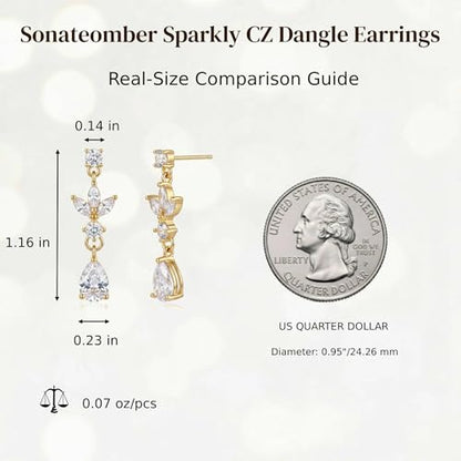 Sonateomber Gold Silver Pearl Rhinestone Dangle Earrings for Women, Elegant CZ Leaf Butterfly Bridal Earings Prom Wedding Fashion Jewelry Gift - color: Gold CZ