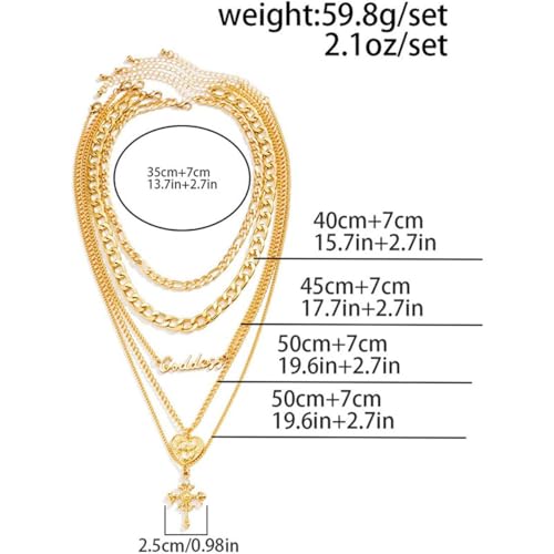 Chunky Gold Necklace Stack Layered Gold Necklaces for Women Non Tarnish Silver Statement Necklace Paperclip Chain Necklace Set Layering Big Heart Coin Cross Necklace Chunky Jewelry - style: 3 - gold with cross