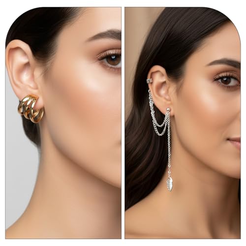 60 Pcs Non Piercing Ear Cuffs Earrings Women Ears Clip on Cartilage Earring Adjustable Fake Earrings Ear Wrap Earring Jewelry for Helix Cartilage, Silver Gold