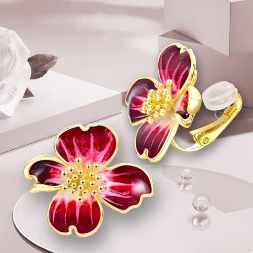 Clip on Earrings Women, 14K Gold Plated Earrings for Sensitive Ears, Fashion Women's Earrings Jewelry Birthday Gift for Wife Grandma Daughter Girls on Christmas Thanksgiving - color: Gold Red Earrings