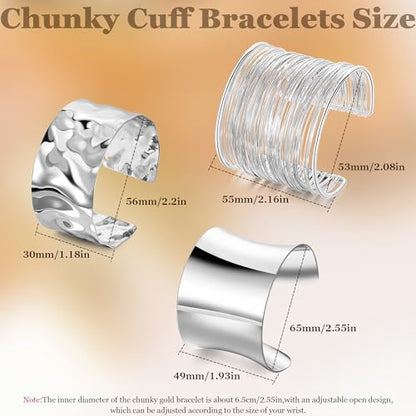 3Pcs Chunky Gold Cuff Bracelets Open Wide Bangle Bracelets Set for Women Minimalist Irregular Bracelet Statement Wrist Cuff Wrap Bracelet Jewelry - style: styleC silver