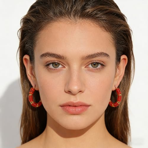 Wellike Beaded Hoop Earrings for Women Natural Stone Pink Gold Huggie Earrings Hypoallergenic Dainty Waterproof Trendy Jewelry - color: Red, size: 35mm